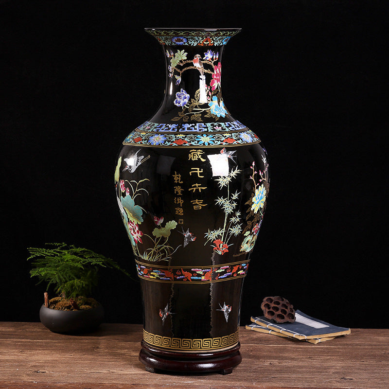 Black bottom golden pheasant and white crane fishtail bottle - tangvase