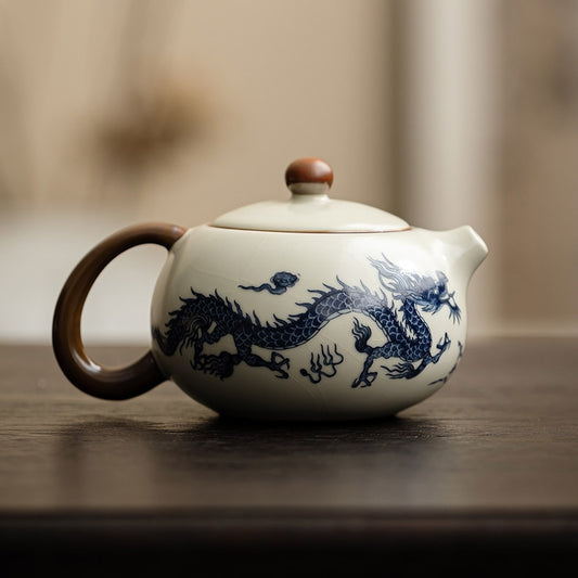 Ru kiln blue and white dragon pattern Xishi teapot - tangvase