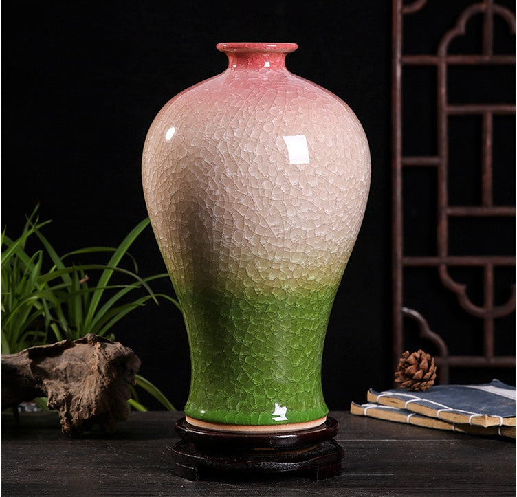 Cracked glaze porcelain jade piece tri-color plum blossom vase - tangvase