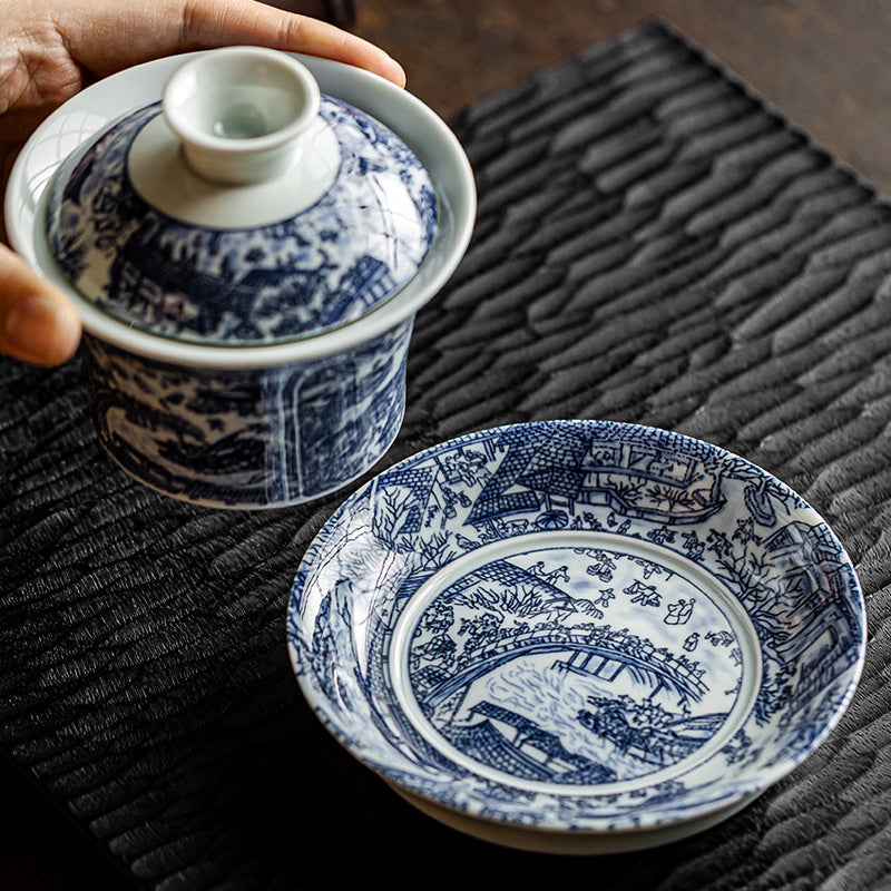 Blue and white porcelain Qingming Shanghe Tu Sancai covered bowl - tangvase