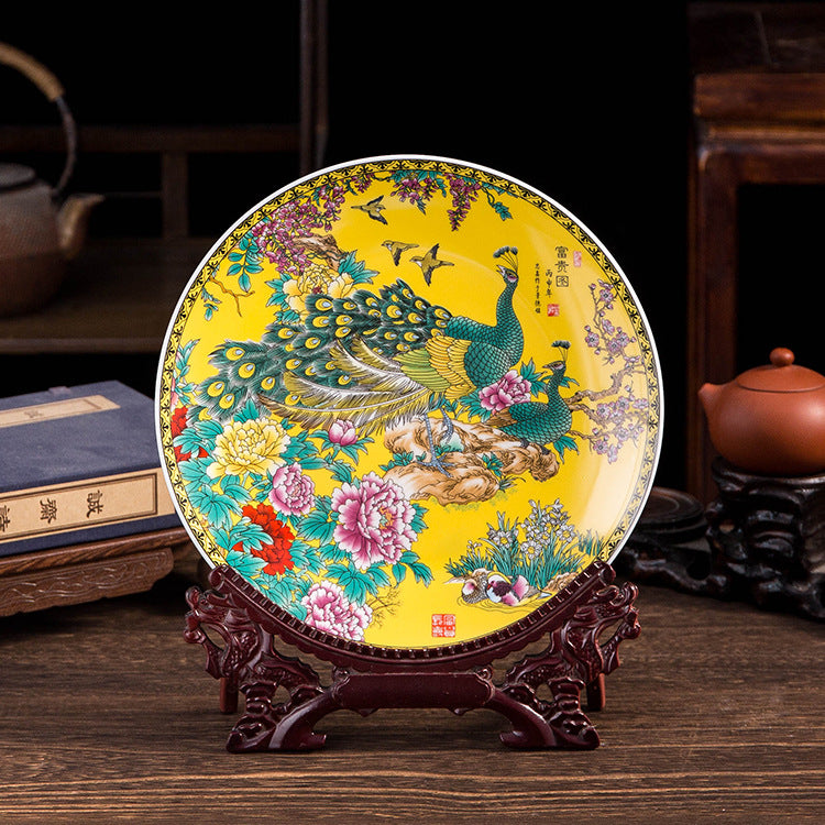 Yellow Peacock Ceramic Plate Ornament - tangvase