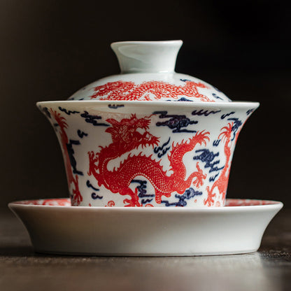 Blue and white porcelain alum red nine dragon three talents covered bowl - tangvase