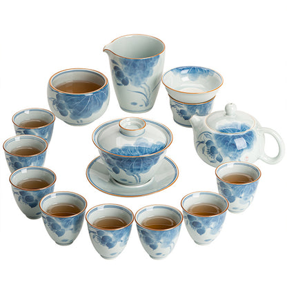 Lotus Blue and White Porcelain Tea Set - tangvase