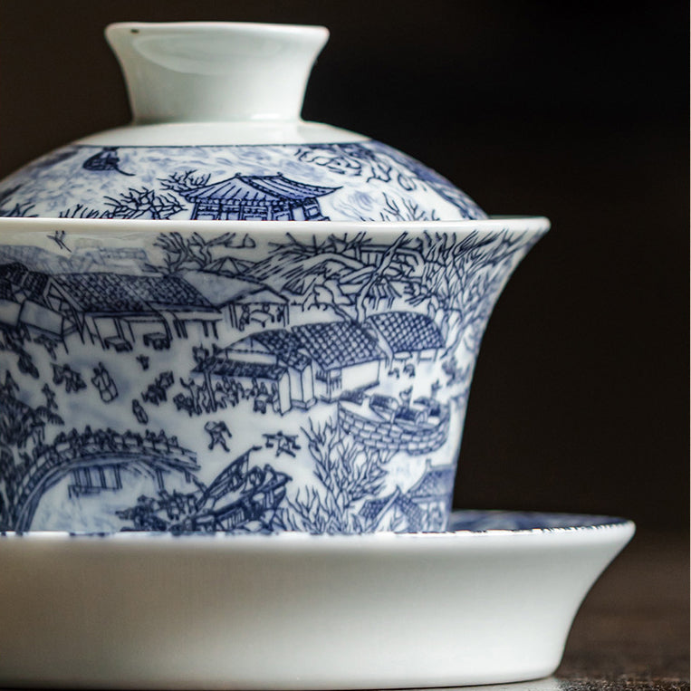 Blue and white porcelain Qingming Shanghe Tu Sancai covered bowl - tangvase