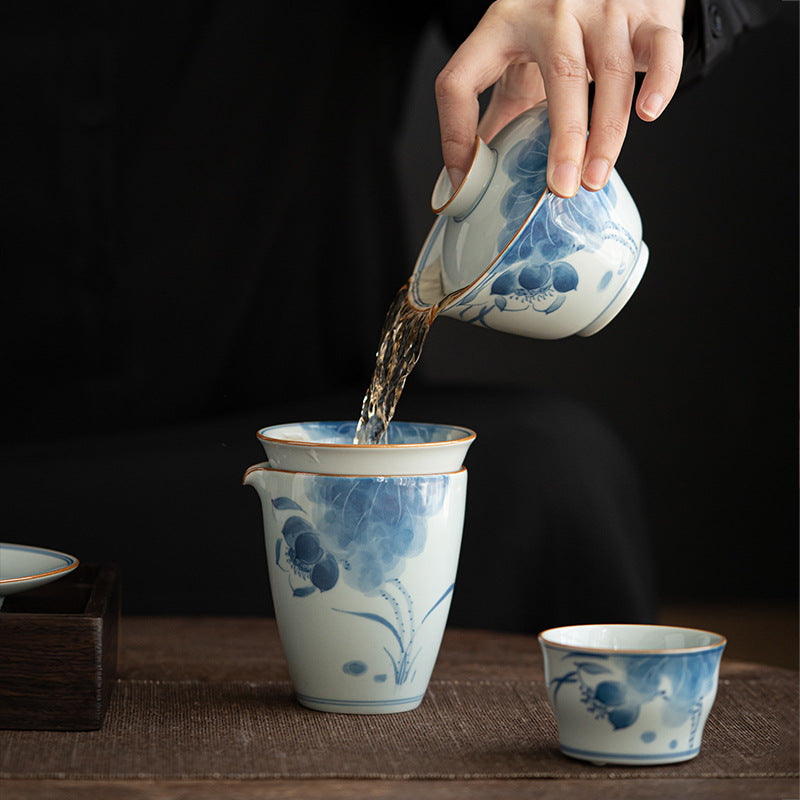 Lotus Blue and White Porcelain Tea Set - tangvase