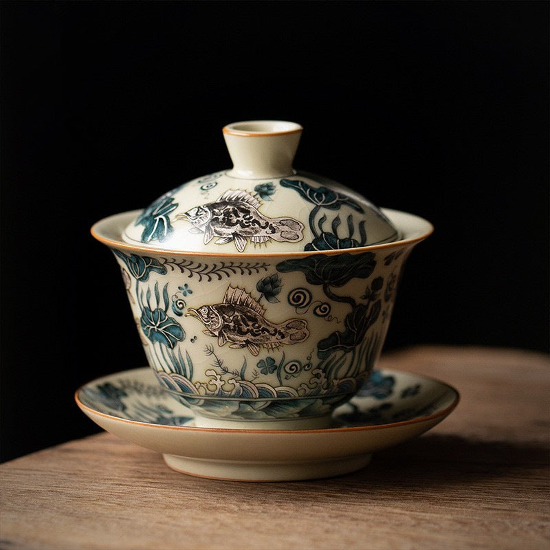 Beige Ru kiln Sancai covered bowl teacup with fish and algae pattern - tangvase