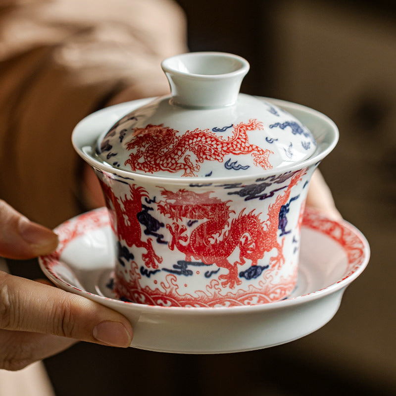 Blue and white porcelain alum red nine dragon three talents covered bowl - tangvase