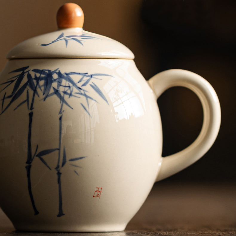 Gray underglaze hand-painted blue and white bamboo teapot - tangvase