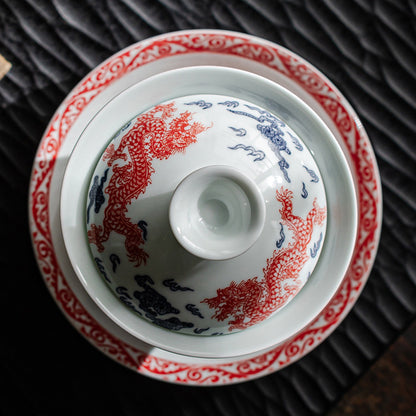 Blue and white porcelain alum red nine dragon three talents covered bowl - tangvase