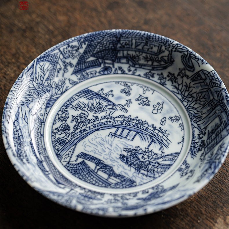 Blue and white porcelain Qingming Shanghe Tu Sancai covered bowl - tangvase