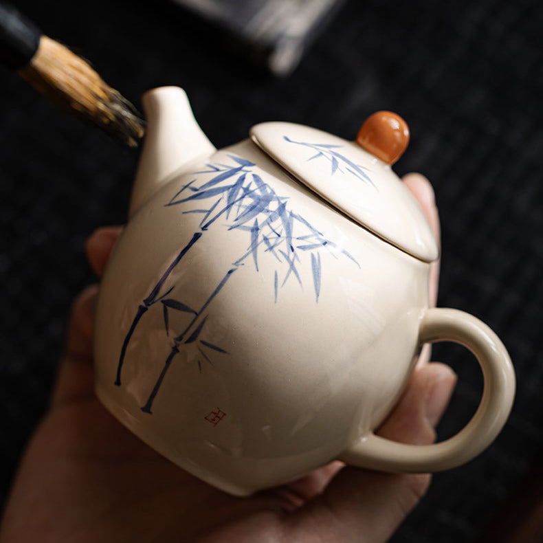 Gray underglaze hand-painted blue and white bamboo teapot - tangvase