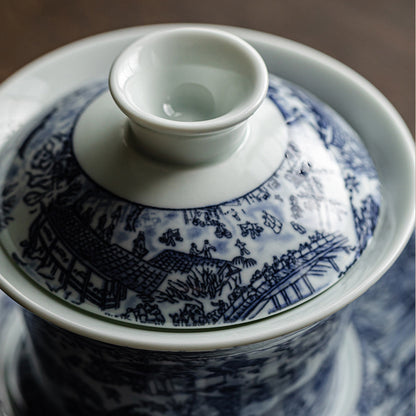 Blue and white porcelain Qingming Shanghe Tu Sancai covered bowl - tangvase