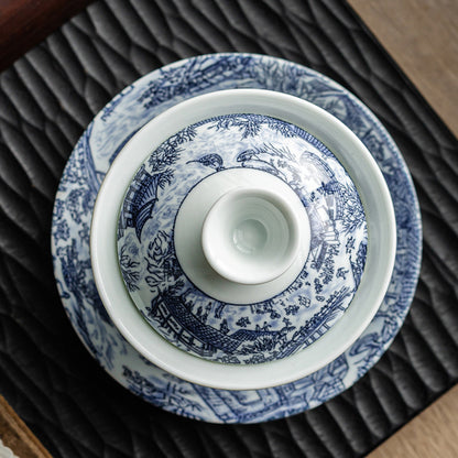 Blue and white porcelain Qingming Shanghe Tu Sancai covered bowl - tangvase