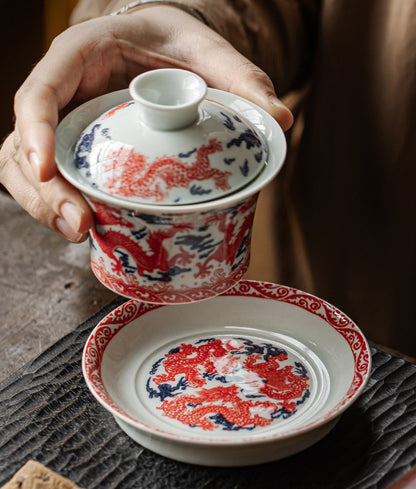 Blue and white porcelain alum red nine dragon three talents covered bowl - tangvase