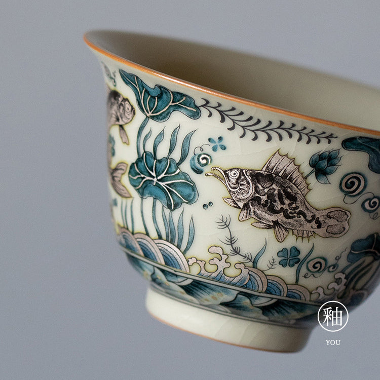 Beige Ru kiln Sancai covered bowl teacup with fish and algae pattern - tangvase