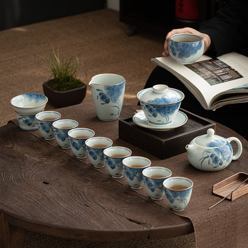 Lotus Blue and White Porcelain Tea Set - tangvase