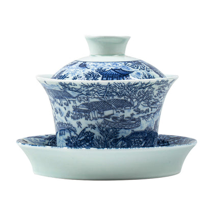 Blue and white porcelain Qingming Shanghe Tu Sancai covered bowl - tangvase