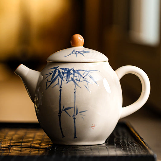 Gray underglaze hand-painted blue and white bamboo teapot - tangvase