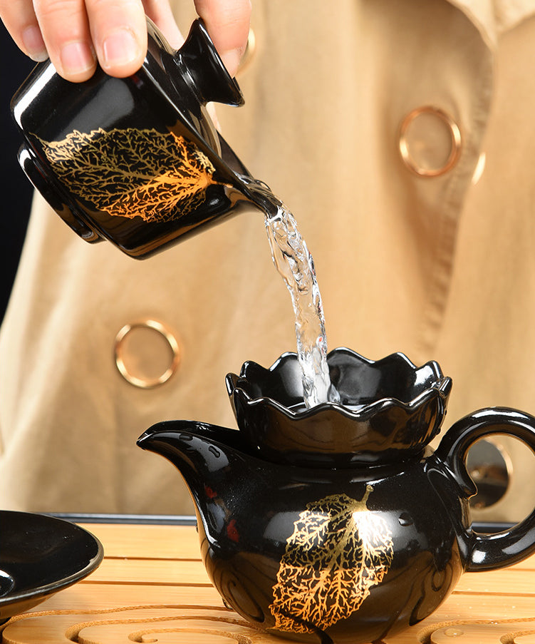 Golden Wood Leaf Black Glaze Jianzhan Porcelain Tea Set - tangvase