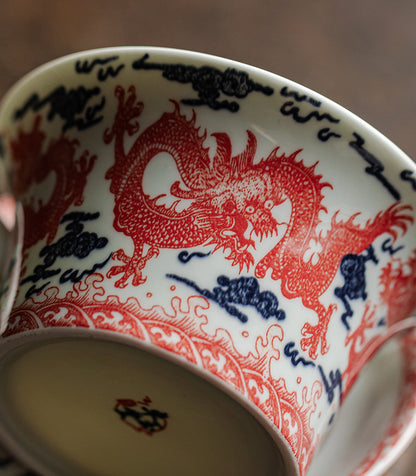 Blue and white porcelain alum red nine dragon three talents covered bowl - tangvase