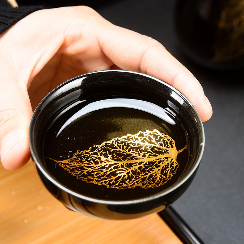 Golden Wood Leaf Black Glaze Jianzhan Porcelain Tea Set - tangvase