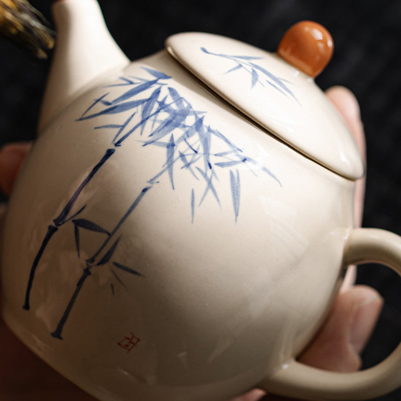 Gray underglaze hand-painted blue and white bamboo teapot - tangvase