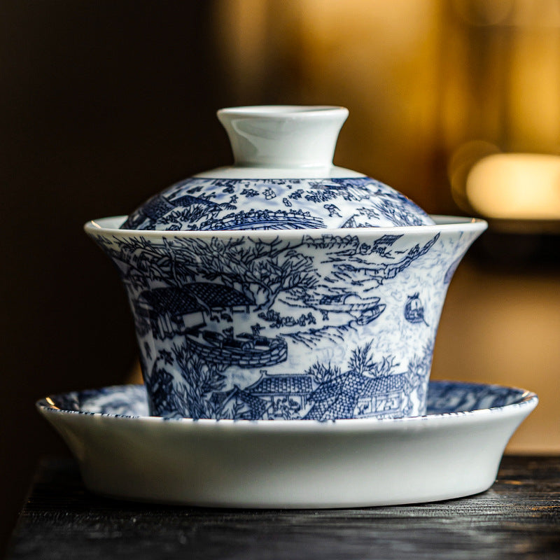 Blue and white porcelain Qingming Shanghe Tu Sancai covered bowl - tangvase