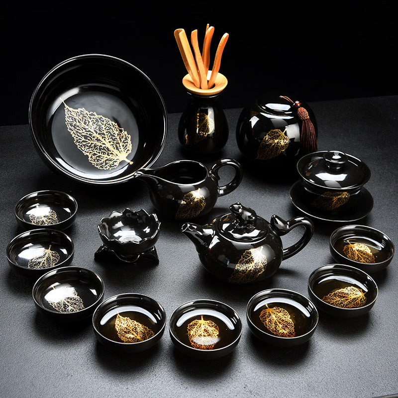 Golden Wood Leaf Black Glaze Jianzhan Porcelain Tea Set - tangvase