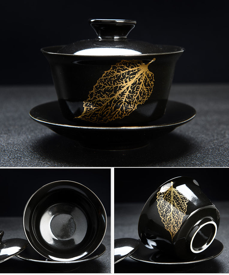 Golden Wood Leaf Black Glaze Jianzhan Porcelain Tea Set - tangvase