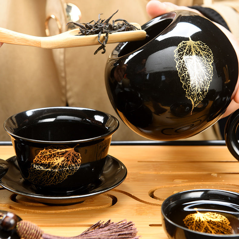 Golden Wood Leaf Black Glaze Jianzhan Porcelain Tea Set - tangvase