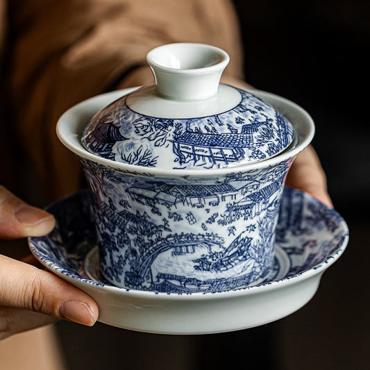 Blue and white porcelain Qingming Shanghe Tu Sancai covered bowl - tangvase