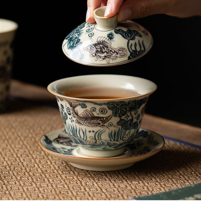 Beige Ru kiln Sancai covered bowl teacup with fish and algae pattern - tangvase