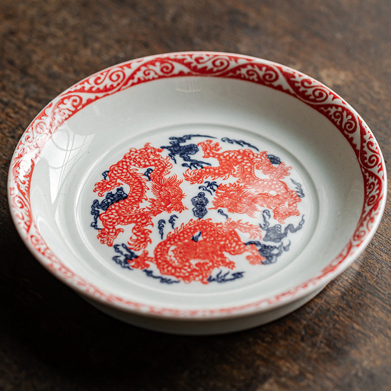 Blue and white porcelain alum red nine dragon three talents covered bowl - tangvase