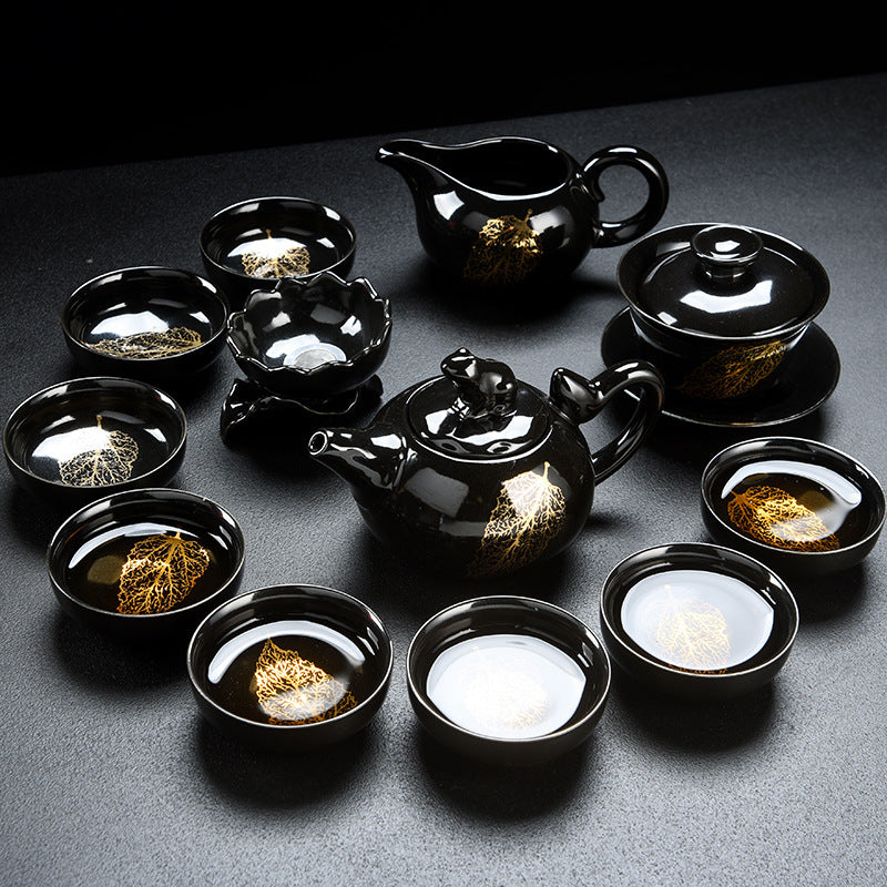 Golden Wood Leaf Black Glaze Jianzhan Porcelain Tea Set - tangvase