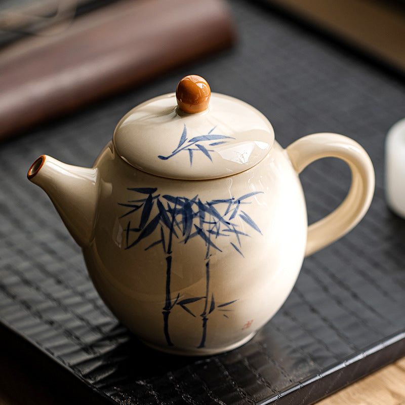 Gray underglaze hand-painted blue and white bamboo teapot - tangvase