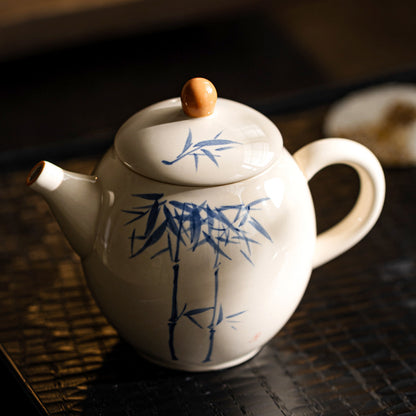 Gray underglaze hand-painted blue and white bamboo teapot - tangvase