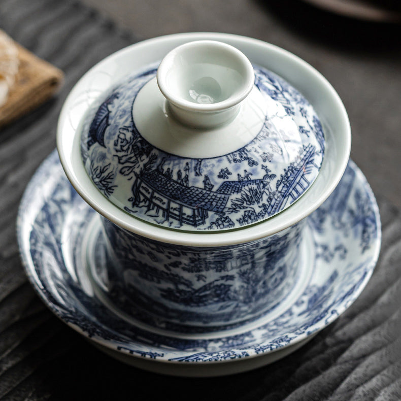 Blue and white porcelain Qingming Shanghe Tu Sancai covered bowl - tangvase