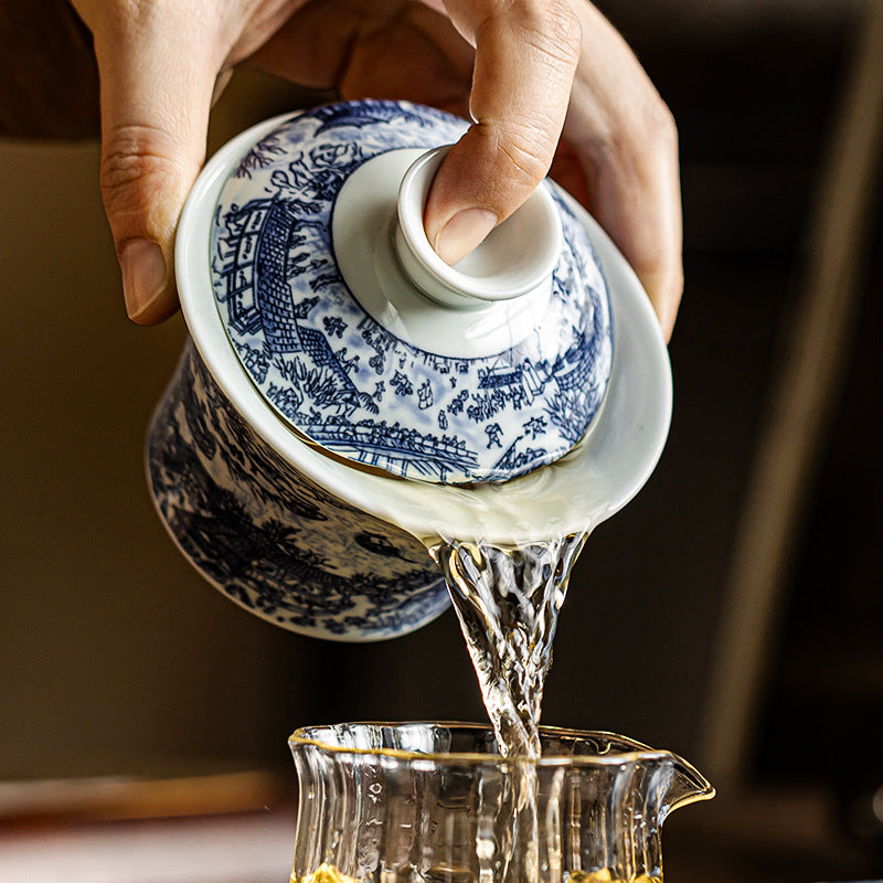 Blue and white porcelain Qingming Shanghe Tu Sancai covered bowl - tangvase