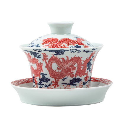 Blue and white porcelain alum red nine dragon three talents covered bowl - tangvase