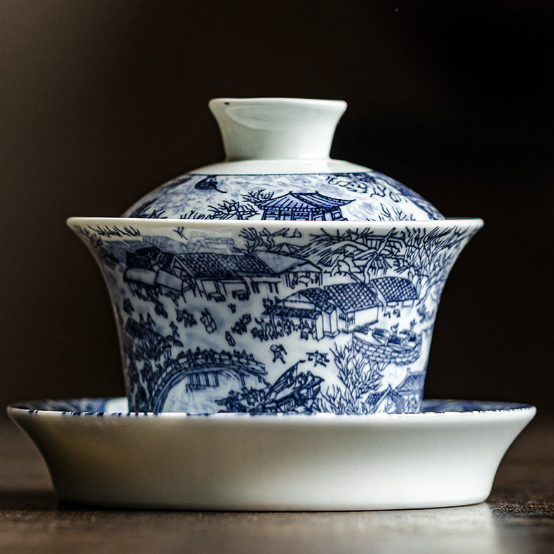 Blue and white porcelain Qingming Shanghe Tu Sancai covered bowl - tangvase