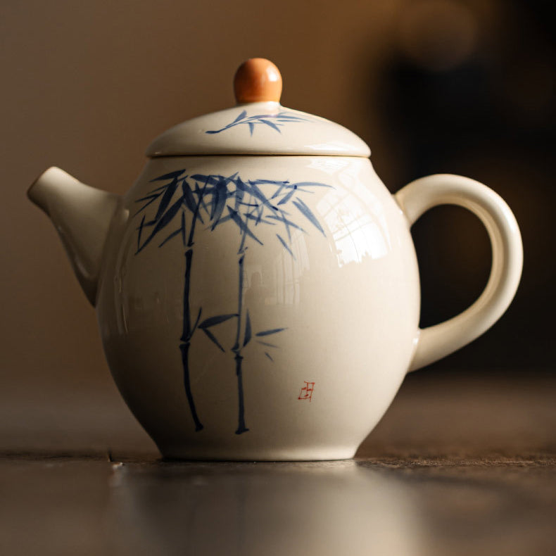 Gray underglaze hand-painted blue and white bamboo teapot - tangvase