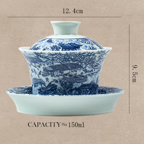 Blue and white porcelain Qingming Shanghe Tu Sancai covered bowl - tangvase